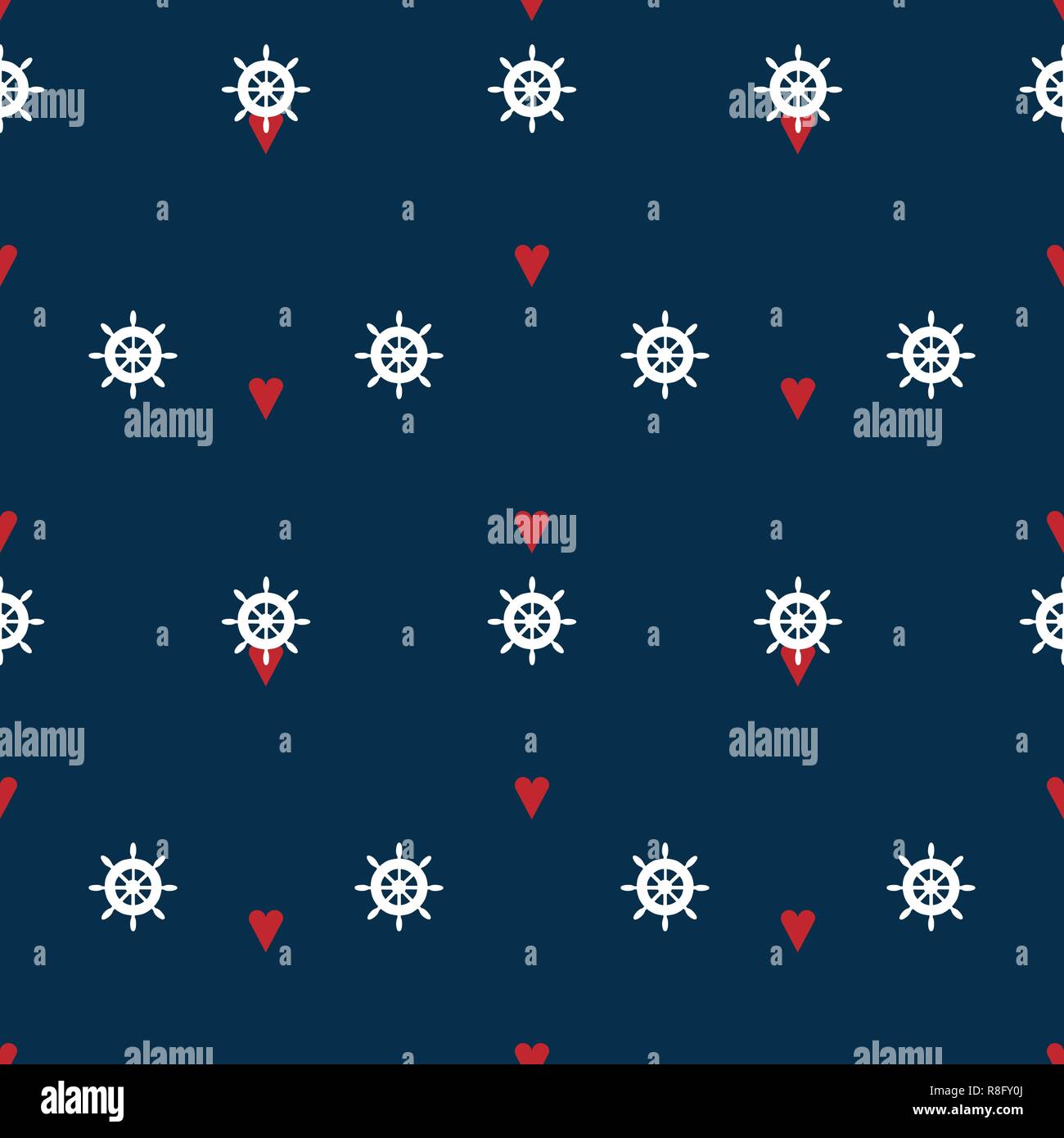 Red hearts and wheels on navy blue background vector seamless pattern. Stock Vector