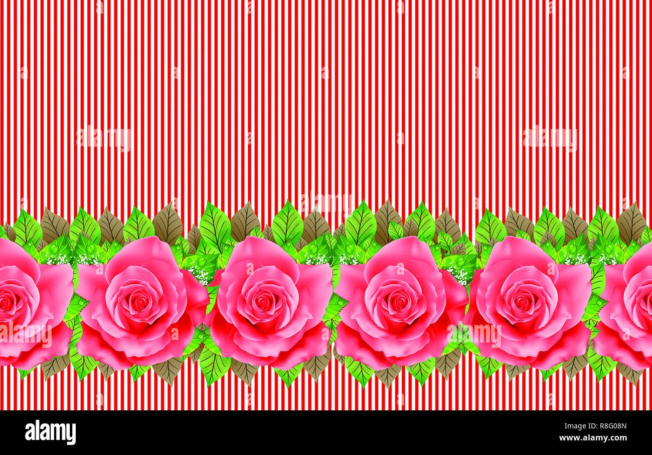 seamless red rose flowers in lines background illustration, floral border isolated flowers and lines Stock Photo