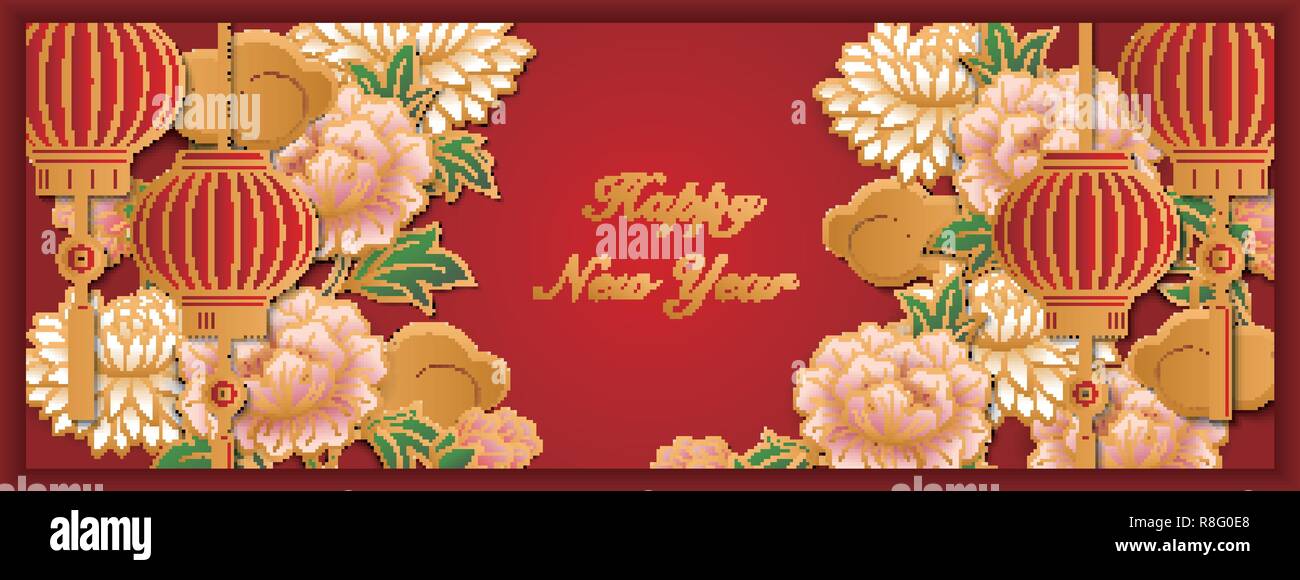 Happy Chinese new year retro gold relief art pink peony flower cloud ...