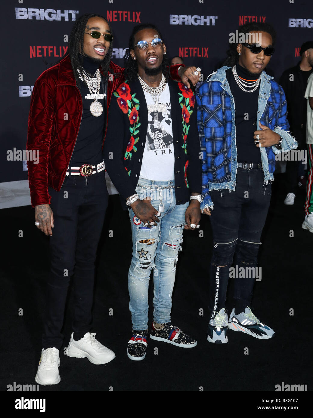 WESTWOOD, LOS ANGELES, CA, USA - DECEMBER 13: Takeoff, Offset, Quavo, Migos  at the Los Angeles Premiere Of Netflix's 'Bright' held at the Regency  Village Theatre on December 13, 2017 in Westwood