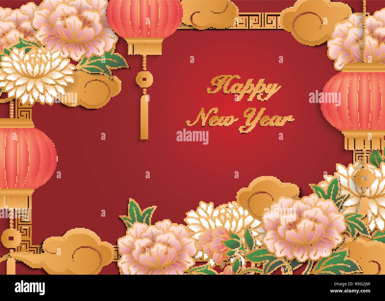 Chinese retro gold red pink relief peony flower lantern cloud and ...