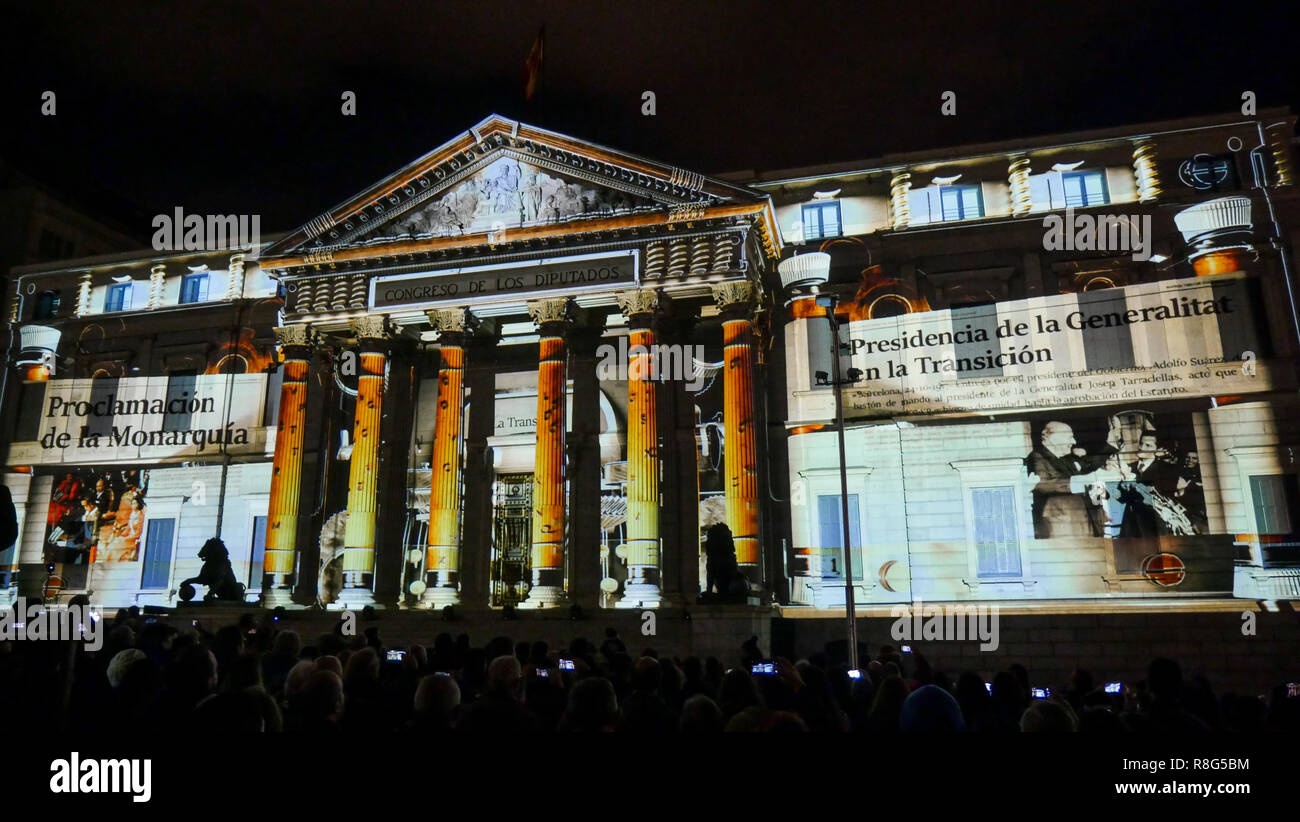 Light show on The Deputies congress facade on the occasion of the 40th anniversary of Spanish Constitution, Madrid, Spain Stock Photo