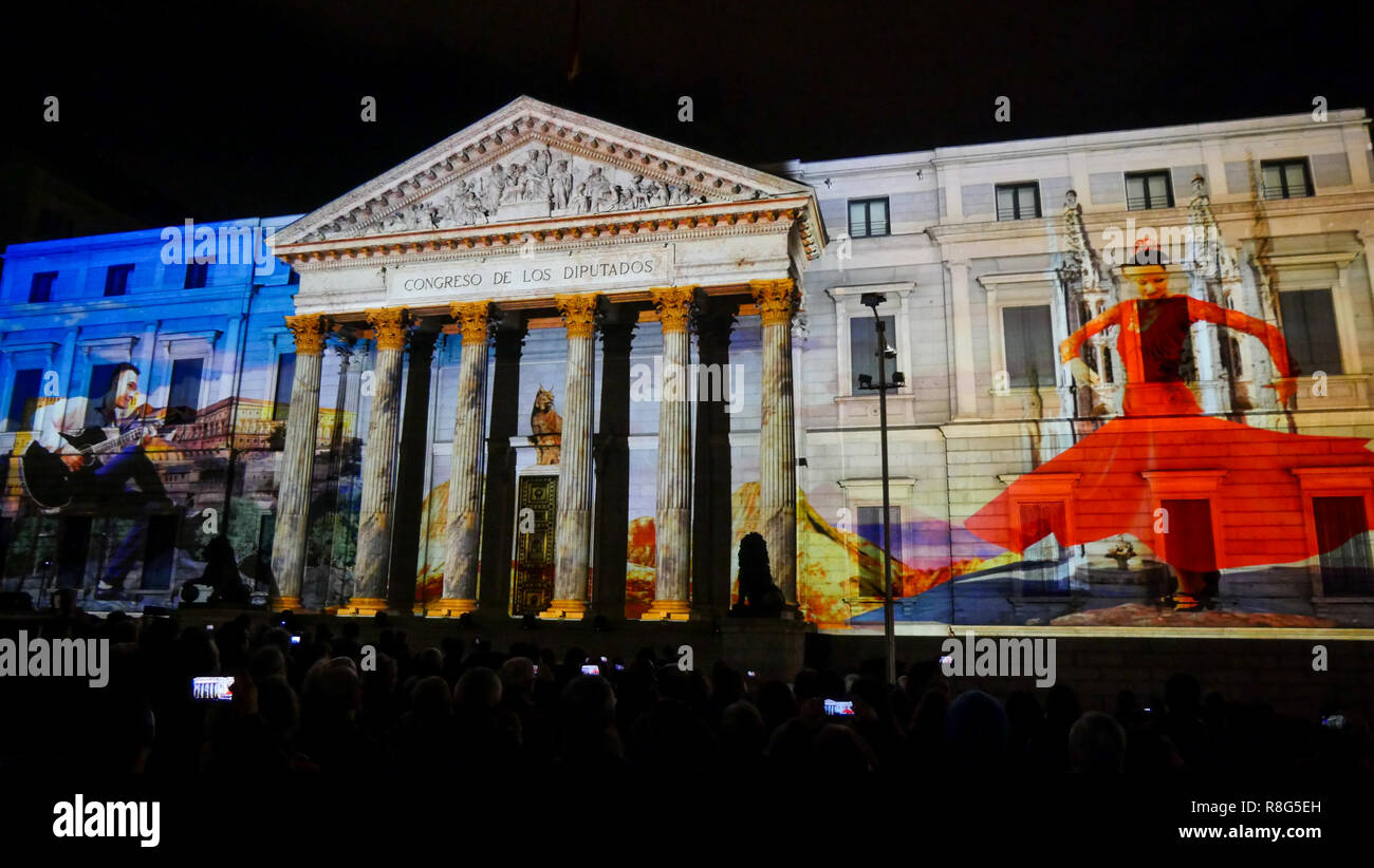Light show on The Deputies congress facade on the occasion of the 40th anniversary of Spanish Constitution, Madrid, Spain Stock Photo