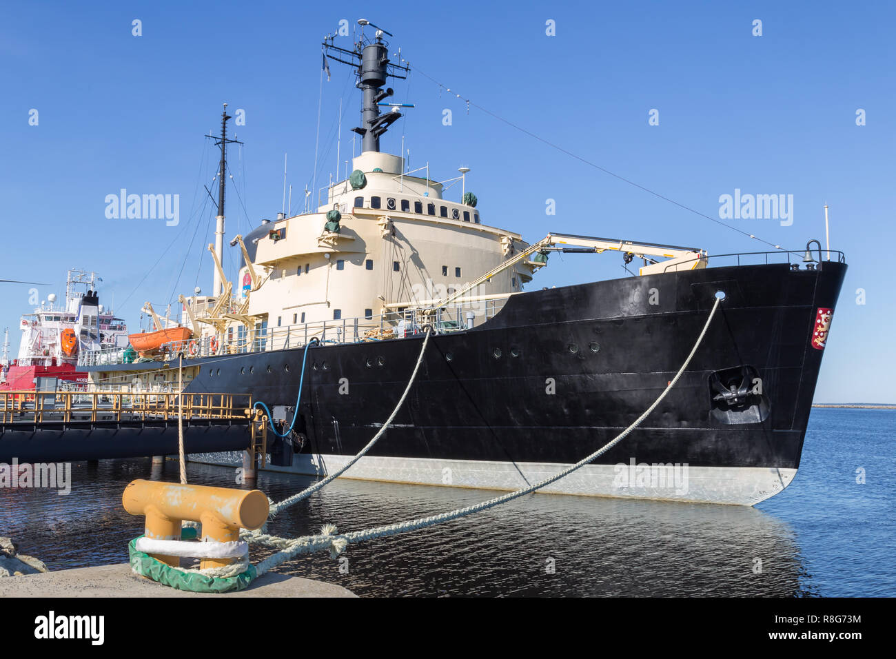 KEMI, FINLAND - JULY 22, 2016:  Icebreaker Sampo  in the harbor of Kemi; open for visitors during the summer months (guided tours and restaurtant). Stock Photo