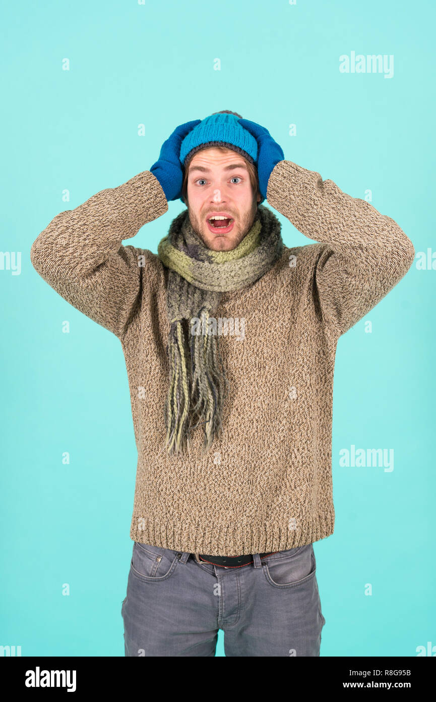 Knitted Accessories As Hat And Scarf Winter Fashion Knitted Clothes Man Knitted Hat Gloves And Scarf Winter Fashion Man Wear Knitted Accessory Turquoise Background Winter Accessories Concept Stock Photo Alamy