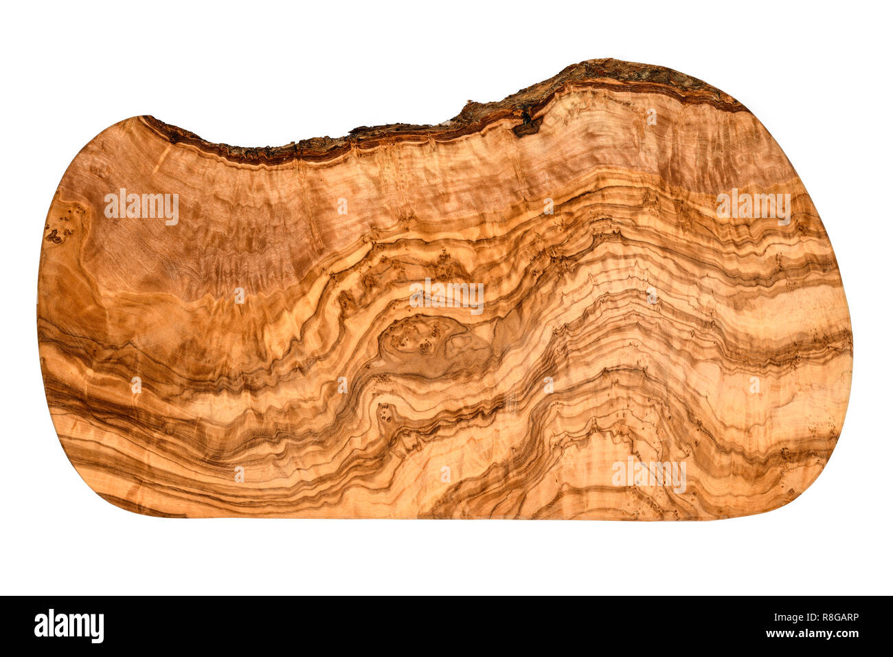 Top view of an olive wood serving and cutting board with vivid wood grain pattern isolated on white with clipping path at ALL sizes. Stock Photo