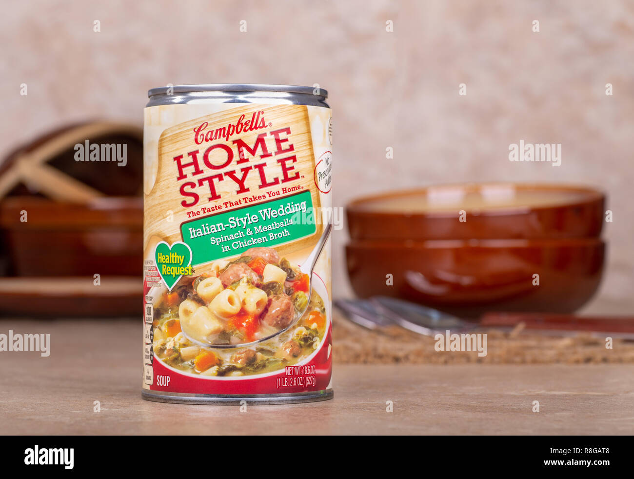 DECEMBER 14, 2018: Closeup of a can of Campbells Home Style Italian-Style Wedding soup on a kitchen counter Stock Photo