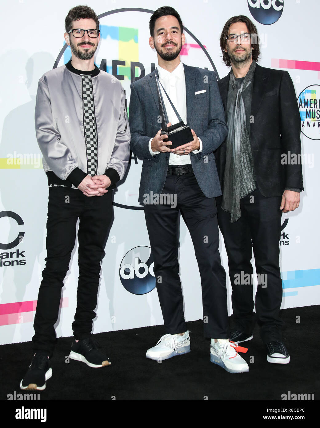LOS ANGELES, CA, USA - NOVEMBER 19: Brad Delson, Mike Shinoda, Rob Bourdon, Linkin Park in the press room during the 2017 American Music Awards held at the Microsoft Theatre L.A. Live on November 19, 2017 in Los Angeles, California, United States. (Photo by Xavier Collin/Image Press Agency) Stock Photo