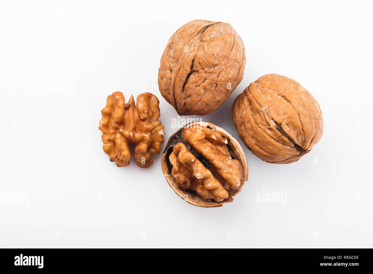 Food:  Top View of Walnut Isolated on White Background Shot in Studio Stock Photo