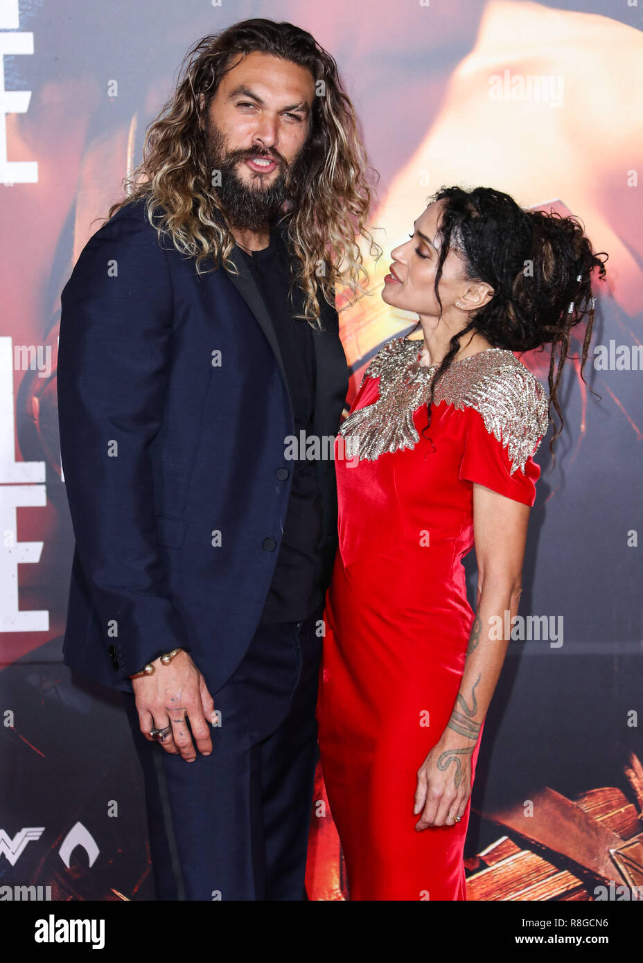 HOLLYWOOD, LOS ANGELES, CA, USA - NOVEMBER 13: Actor Jason Momoa and wife Lisa Bonet arrive at the World Premiere Of Warner Bros. Pictures' 'Justice League' held at the Dolby Theatre on November 13, 2017 in Hollywood, Los Angeles, California, United States. (Photo by Xavier Collin/Image Press Agency) Stock Photo