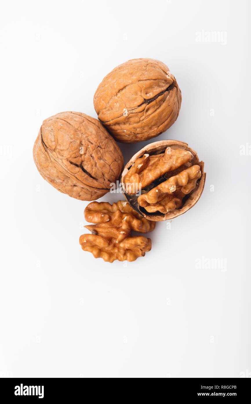 Food:  Top View of Walnut Isolated on White Background Shot in Studio Stock Photo