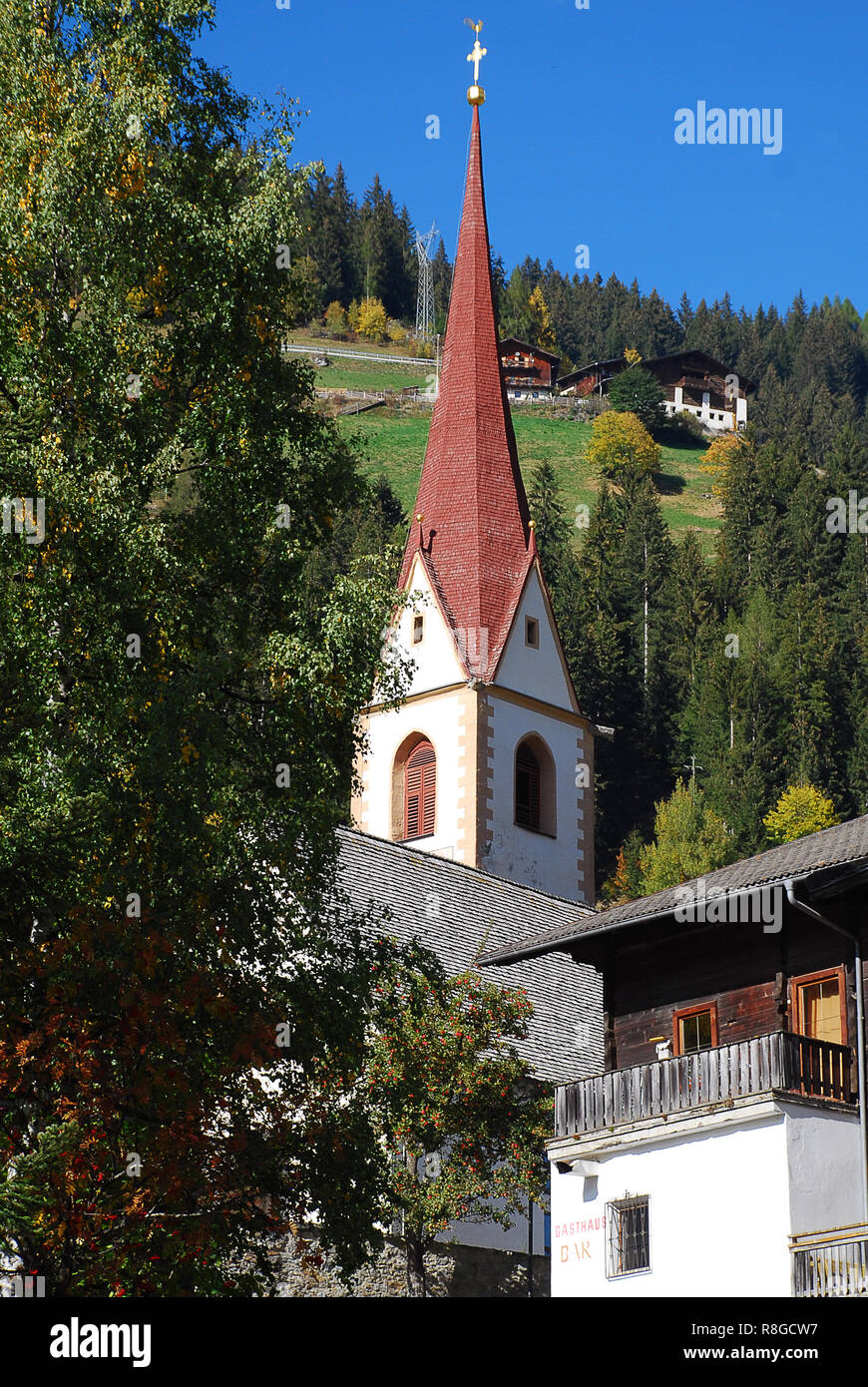 Parish Church of St. Nicholas (ital. San Nicolo), Ultental Valley, South Tyrol, Italy Stock Photo