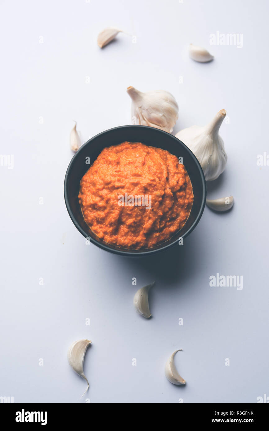 Garlic chutney, made using lahsun/lehsun originating from the India, served in a bowl over moody background. selective focus Stock Photo
