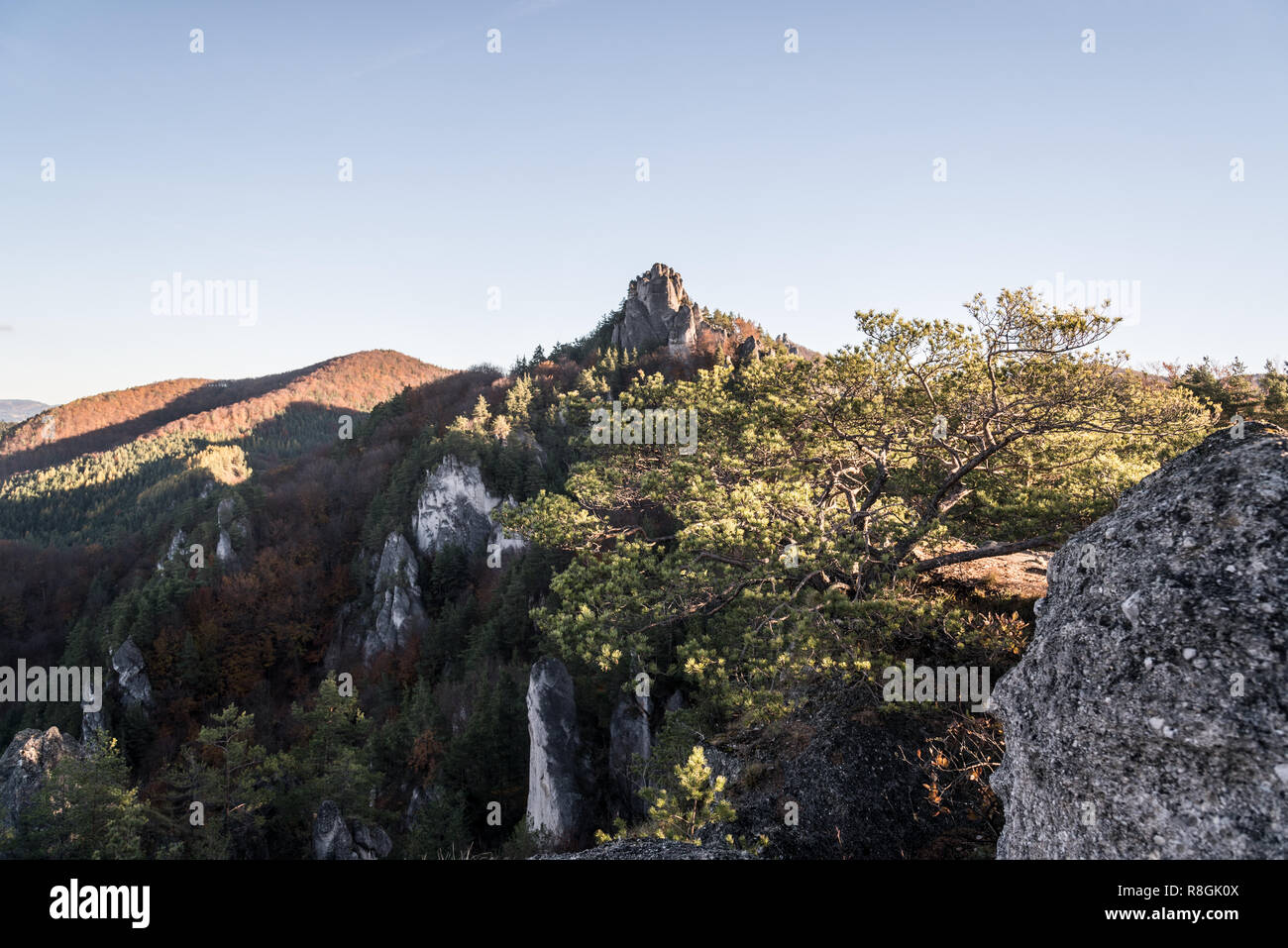 Sulovske skaly mountains in Slovakia with rocks, colorful forest and clear sky during autumn morning Stock Photo