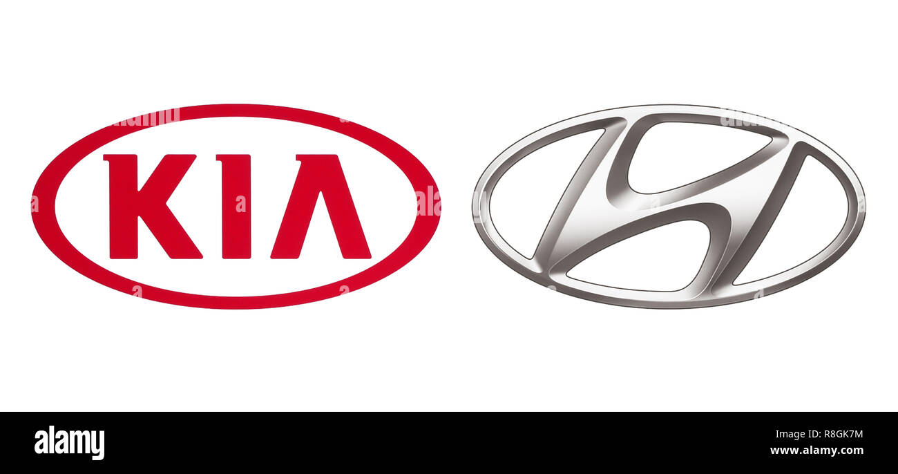 Kiev, Ukraine - November 07, 2018: Logos of car manufacturers alliance: Kia Motors and Hyundai, printed on white paper Stock Photo