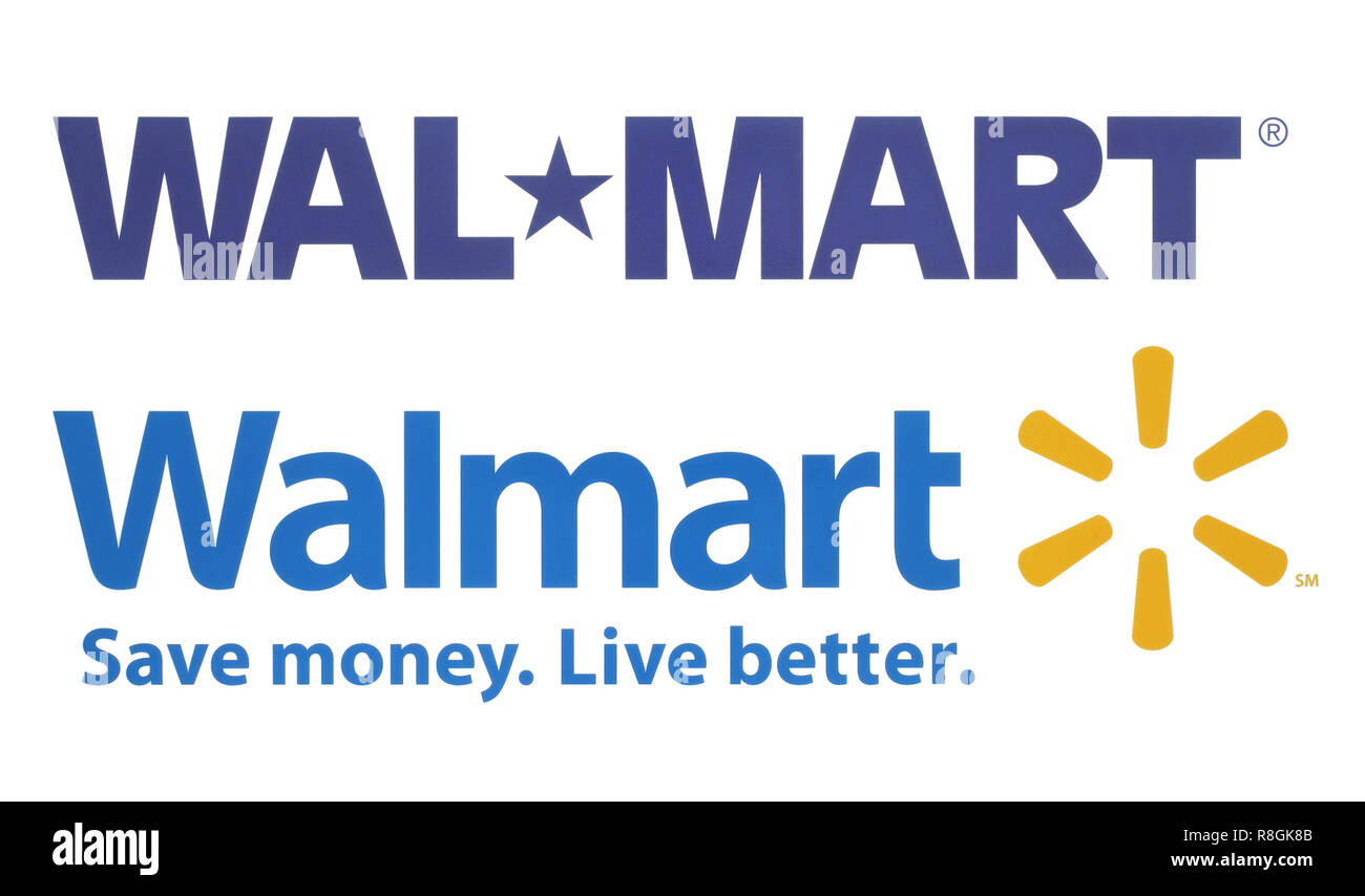 Kiev, Ukraine - October 09, 2018: Walmart old and new logos printed on white paper. Walmart is an American multinational retail corporation Stock Photo