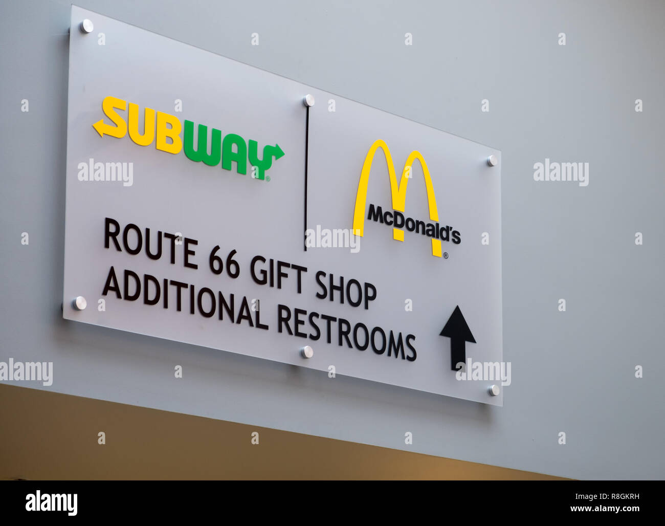JOPLIN, MISSOURI, USA - NOVEMBER 7, 2018 - Subway and McDonald's signs at the entrance of Route 66 rest stop . Stock Photo