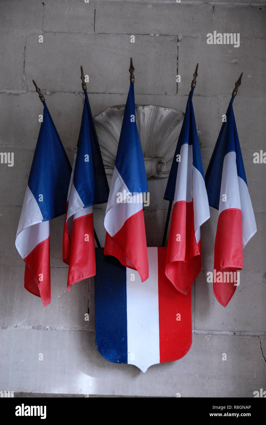 French tricolour flags on a Government building in France Stock Photo