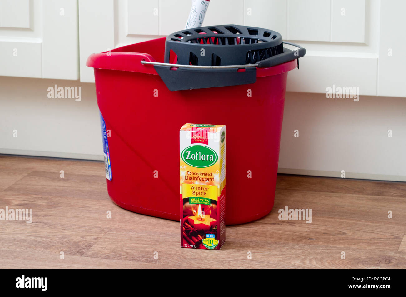 Zoflora Concentrated Disinfectant & Plastic Mop and Bucket in a Home