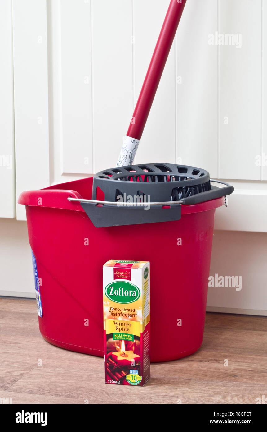 Zoflora Concentrated Disinfectant & Plastic Mop and Bucket in a Home