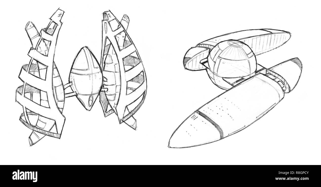 Pencil Concept Art Drawing of Set of Two Futuristic Spacestations or Space Stations Stock Photo