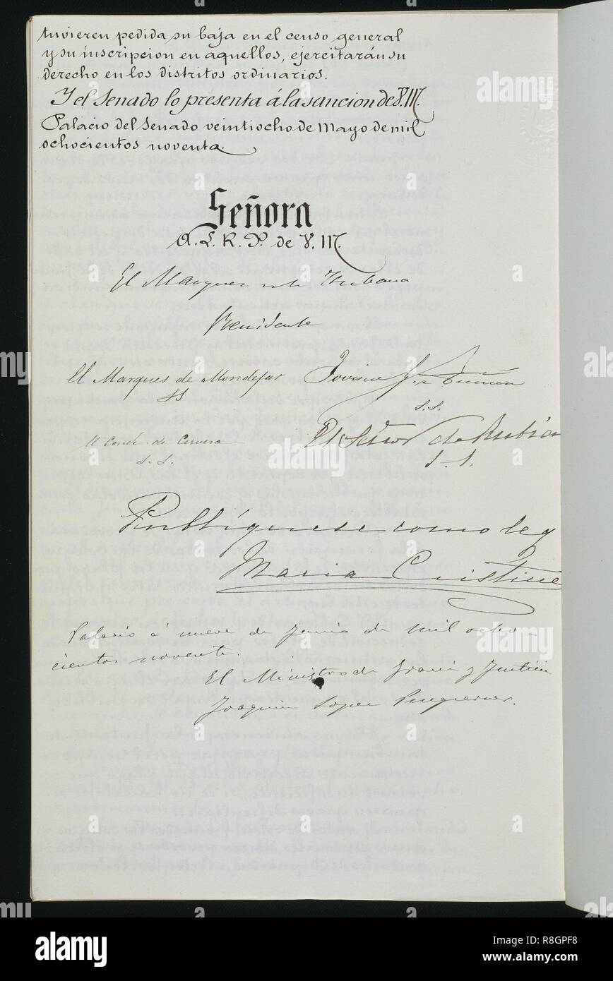 SANCION PRESENTADA EN EL SENADO - 28/5/1890. Location: CONGRESO DE LOS DIPUTADOS-BIBLIOTECA. MADRID. SPAIN. Stock Photo