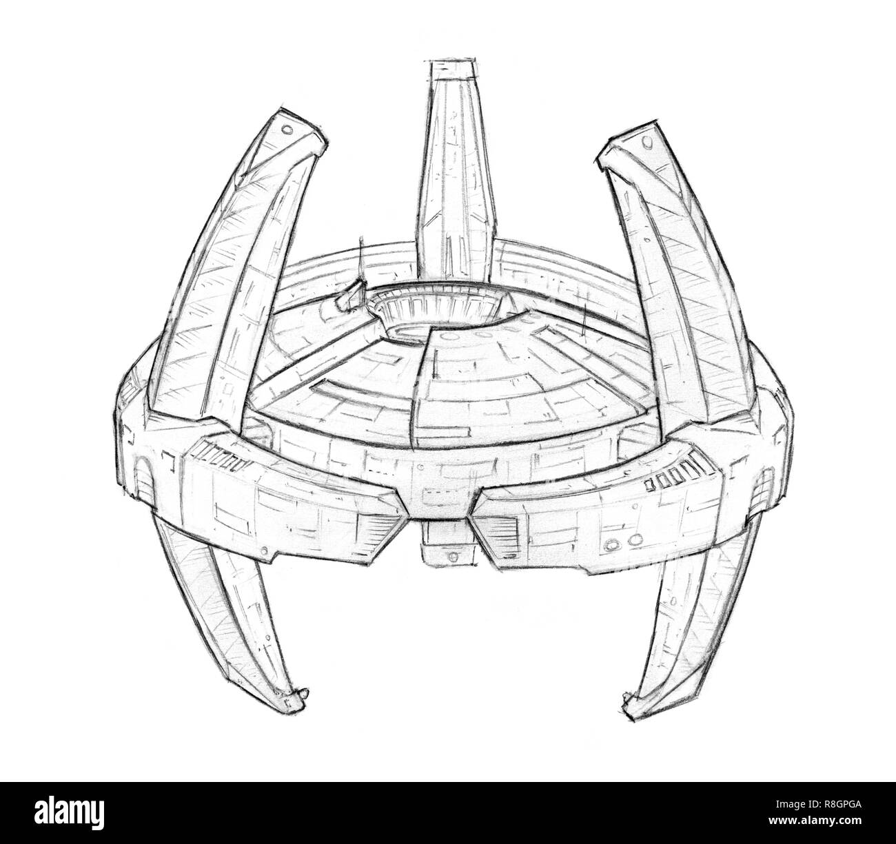 Pencil Concept Art Drawing of Futuristic Spacestation or Space Station Stock Photo