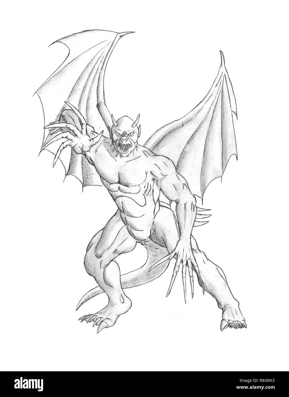 Pencil Concept Art Drawing of Fantasy Winged Demon or Devil Monster Stock Photo