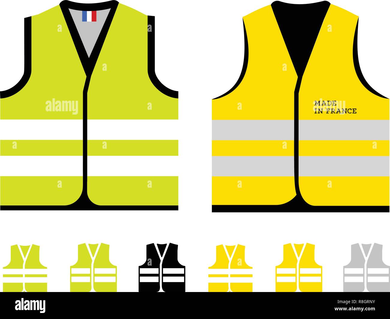 Yellow and light green reflective vests, as a symbol of protests in France against rising fuel prices. Yellow jacket revolution. Vector illustration on white Stock Vector