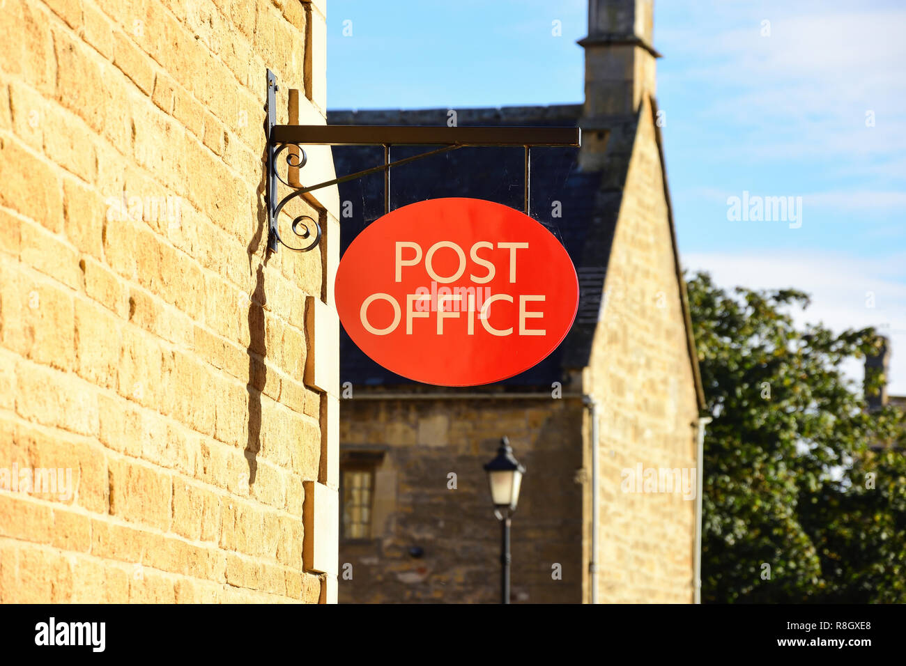 Post Office sign, Back Lane, Russell Square, Broadway, Worcestershire, England, United Kingdom Stock Photo