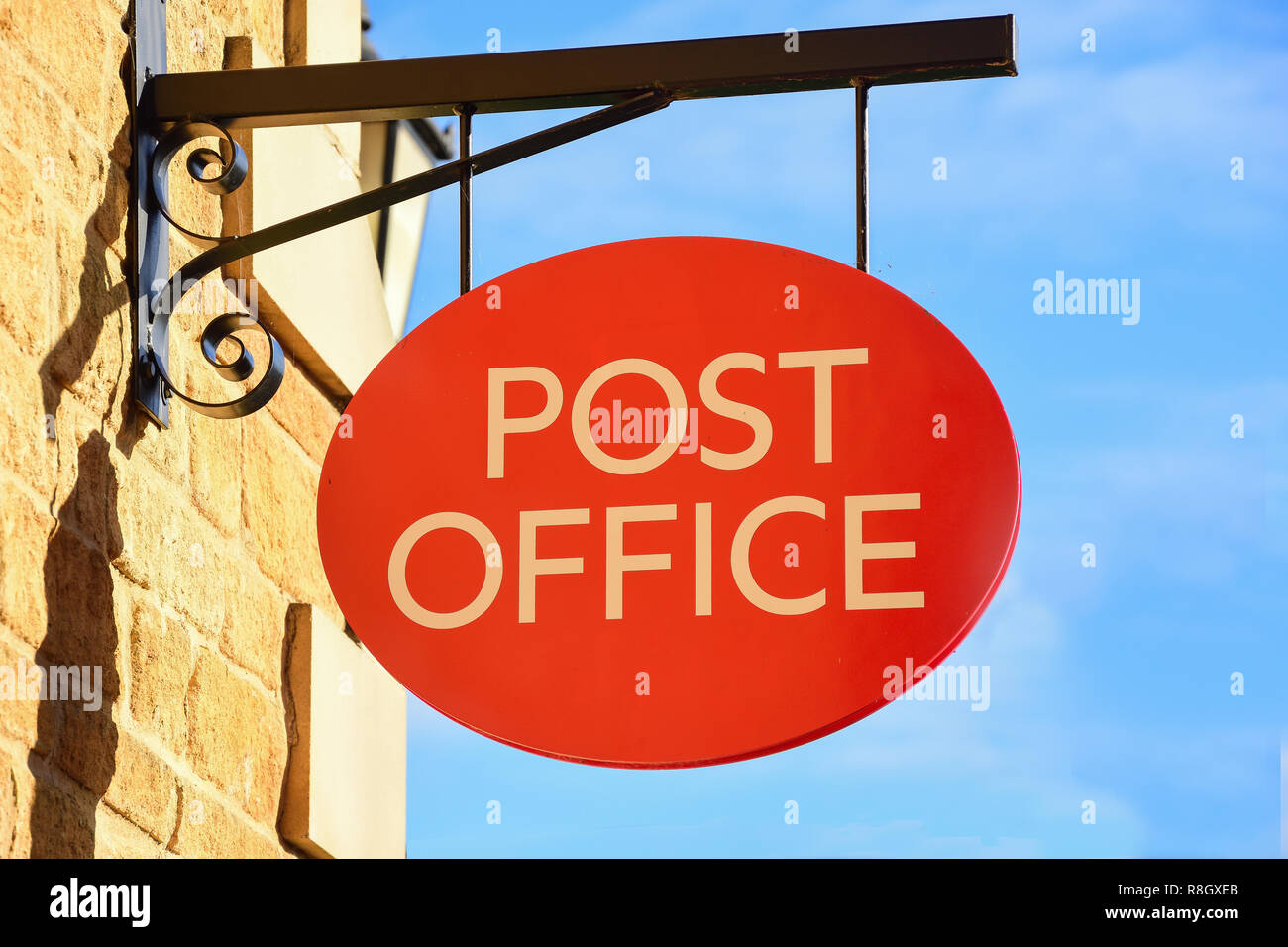 Post Office sign, Back Lane, Russell Square, Broadway, Worcestershire, England, United Kingdom Stock Photo