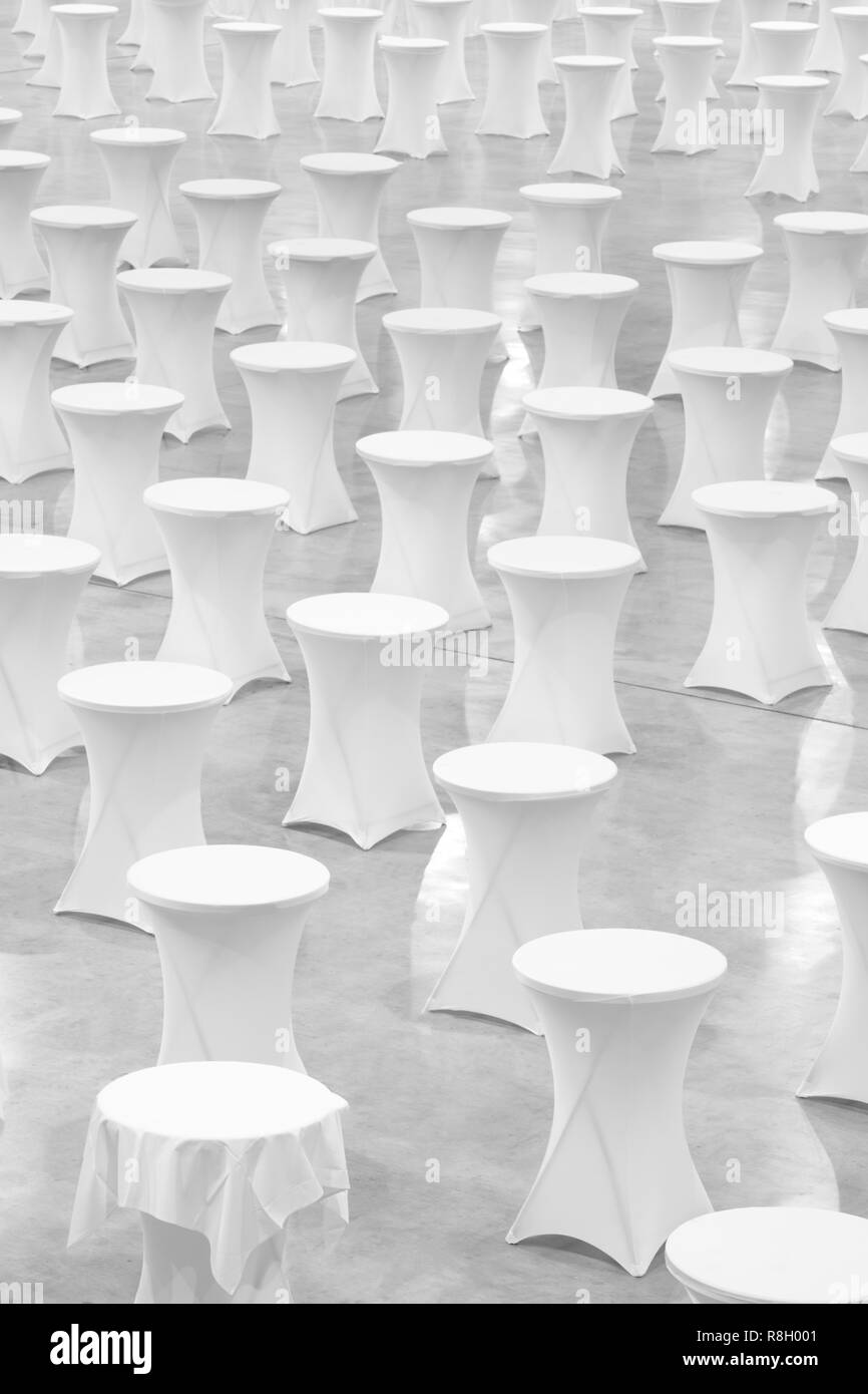 Many white round tables, celebration concept, banquet concept, conference concept, texture background, blank Stock Photo