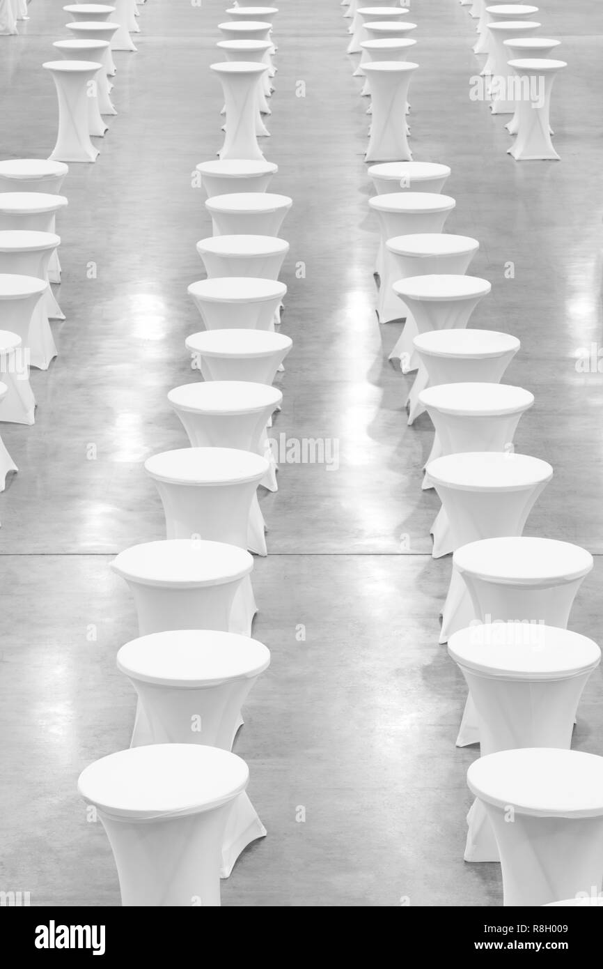 Many white round tables, celebration concept, banquet concept, conference concept, texture background, blank Stock Photo