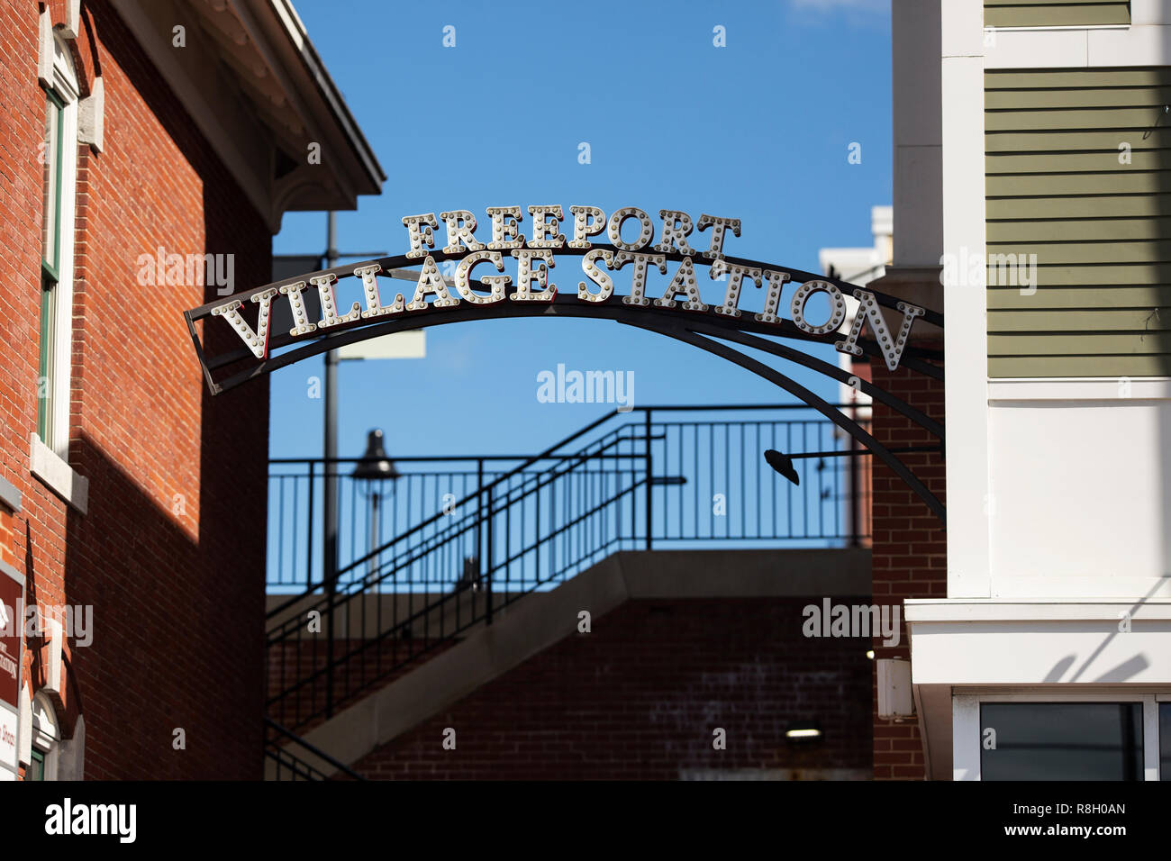 Freeport Village Station sign in Freeport, Maine Stock Photo Alamy