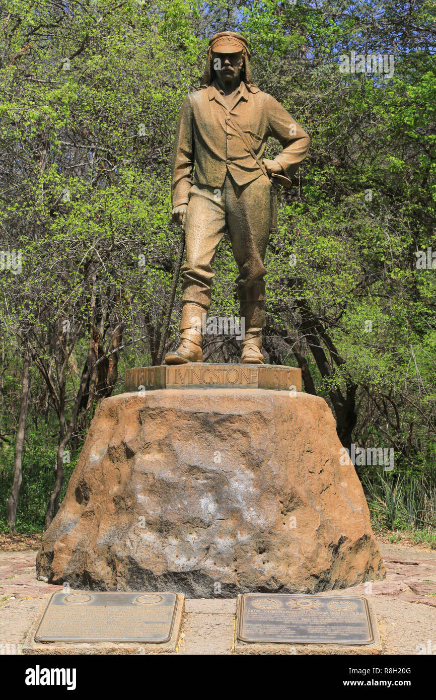 Statue of David Livingstone at Victoria Falls in Zimbabwe Stock Photo