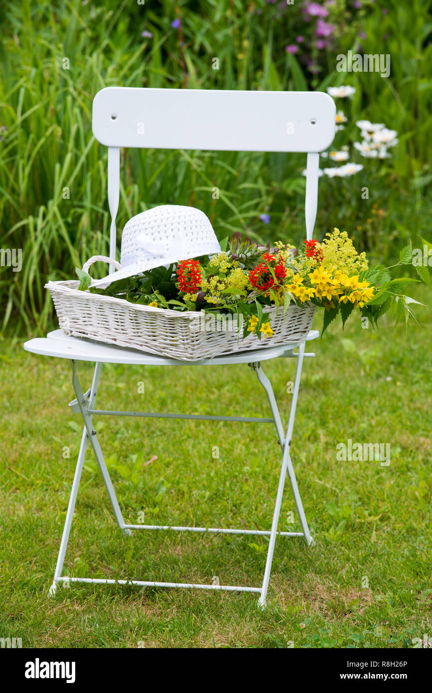 Gartenstuhl mit bunten Sommerblumen Stock Photo
