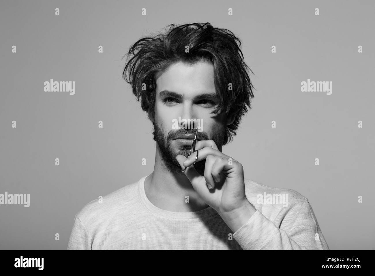 Man Cut Nose Hair With Scissors Stock Photo 229027138 Alamy