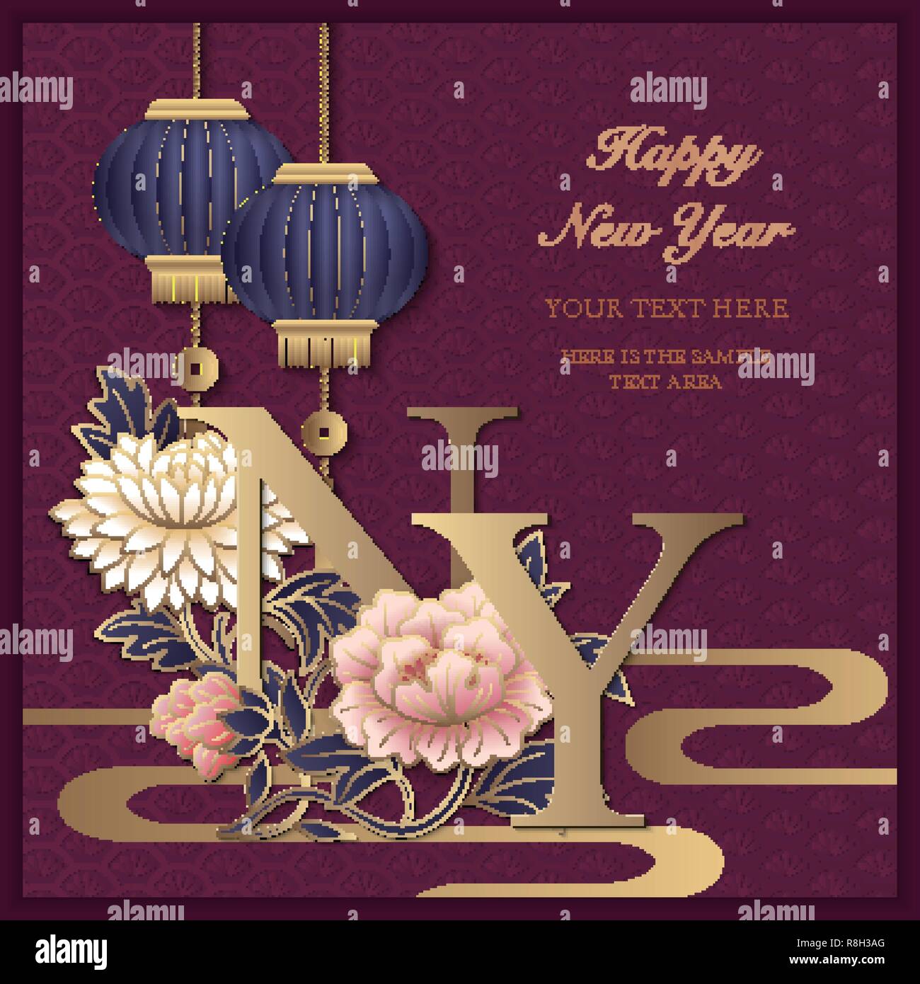 Happy Chinese new year retro purple golden relief peony flower lantern ...