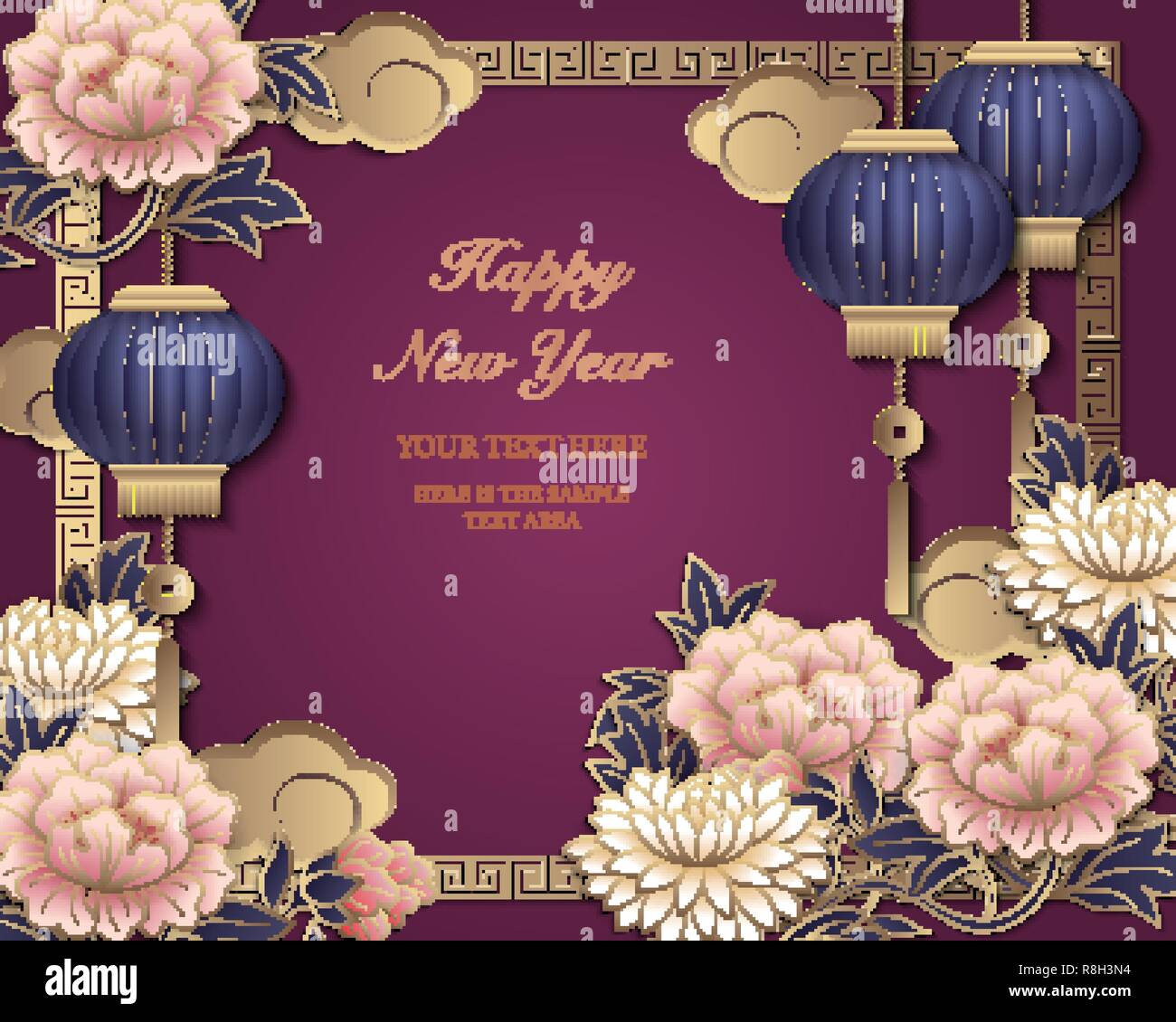 Happy Chinese new year retro gold purple pink relief peony flower ...