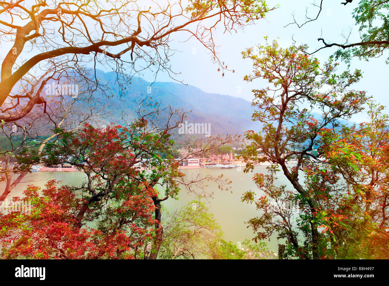 Rishikesh, holy town and travel destination in India. River side view. Stock Photo