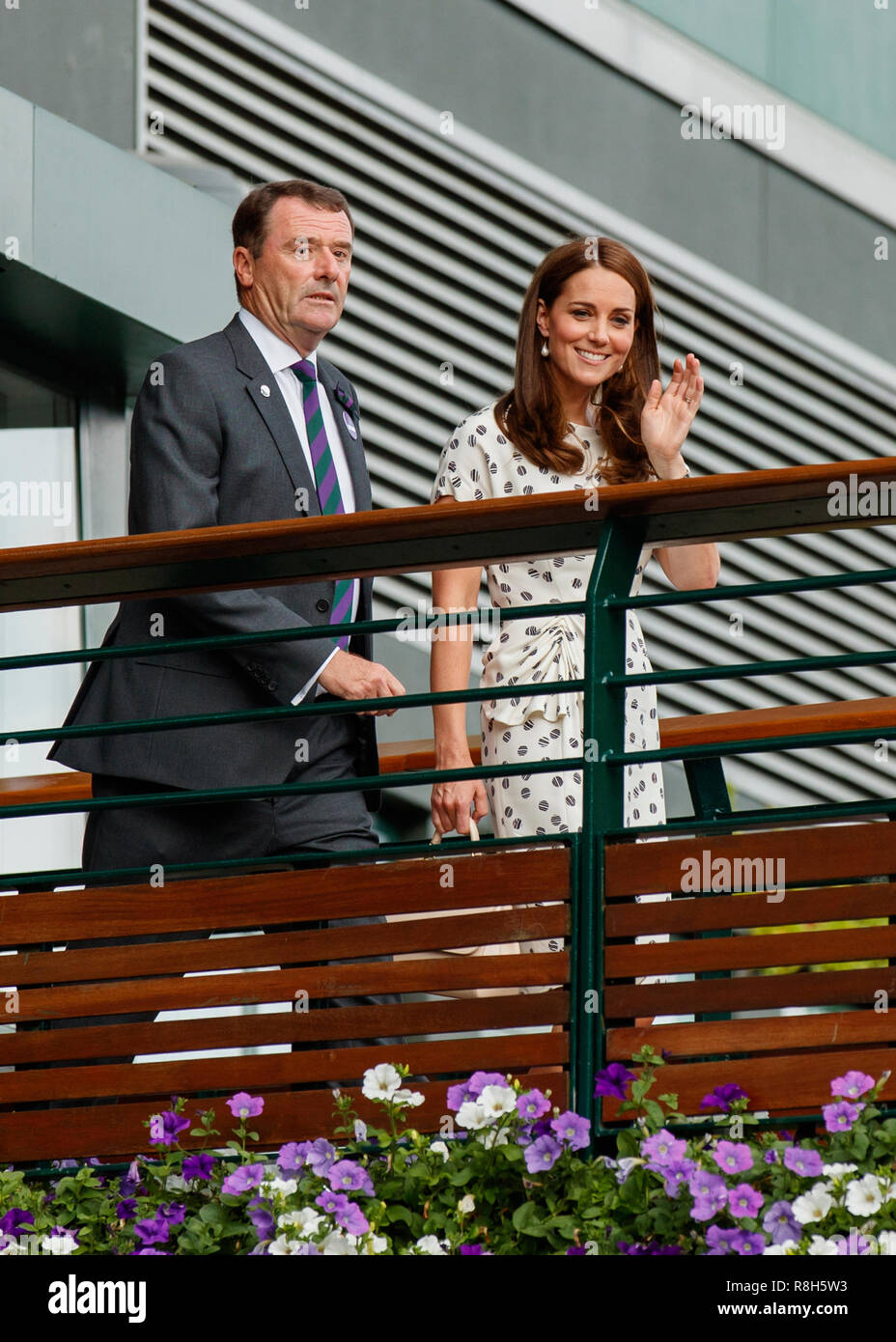 Duchess of Cambridge Kate Middleton with the Wimbledon chairman Phillip Brook during the Wimbledon Championships 2018 Stock Photo