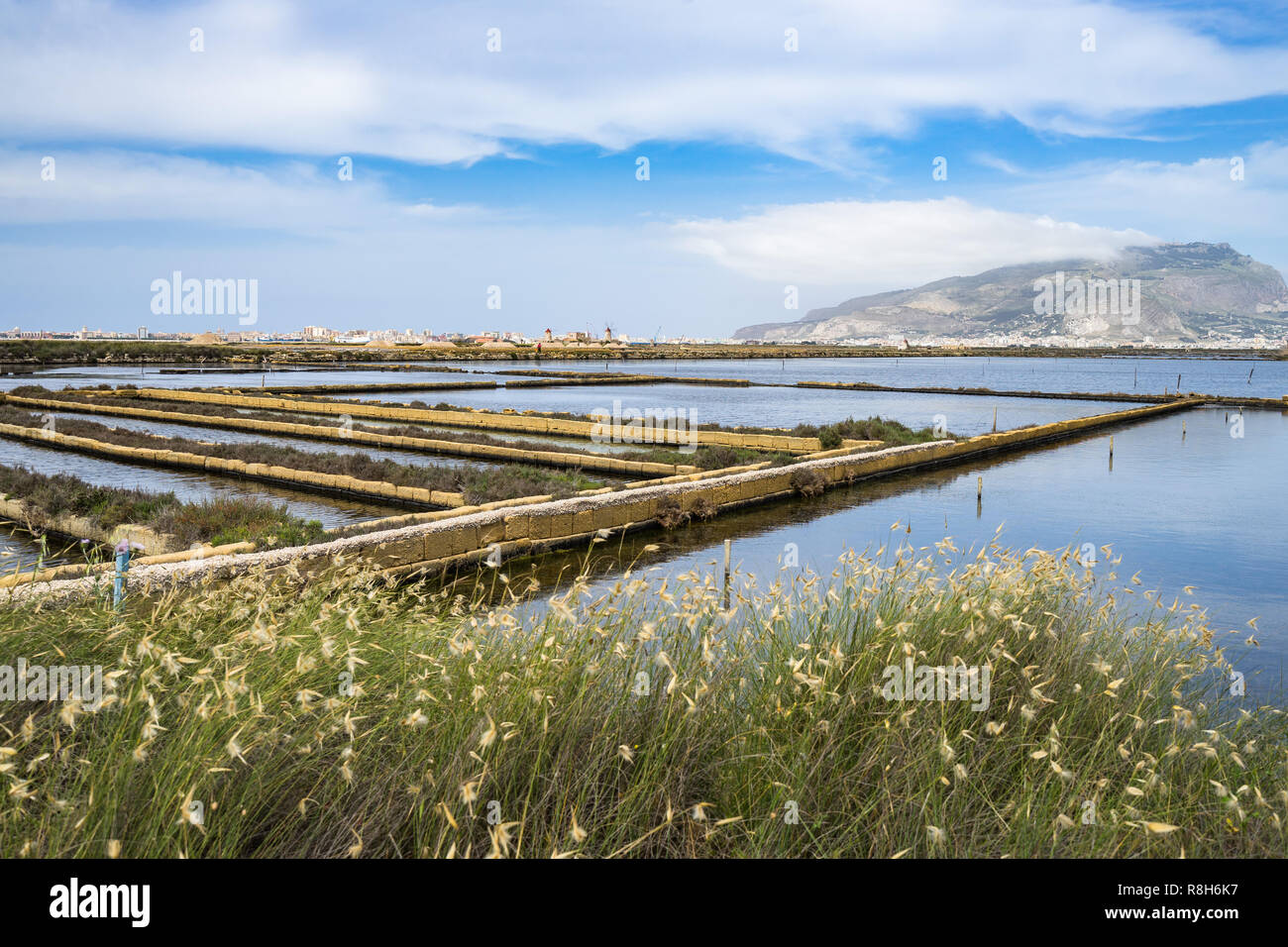 Landscape of Saline di Trapani e Paceco nature reserve with Mount Erice on the background, Sicily, Italy Stock Photo