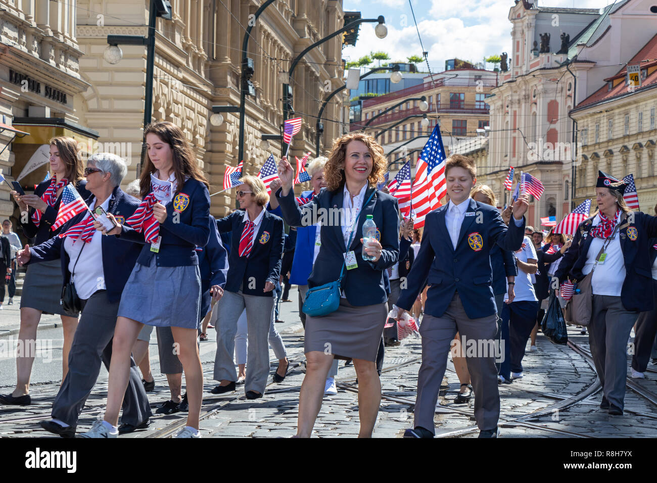 PRAGUE, CZECH REPUBLIC - JULY 1, 2018: American visitors parading at Sokolsky Slet, a once-every-six-years gathering of the Sokol movement - a Czech s Stock Photo