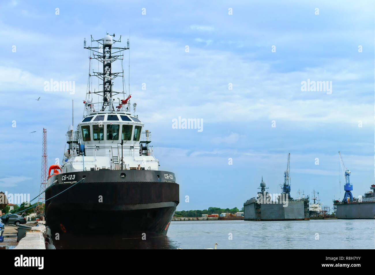 September 8, 2018, Baltic sea, Baltiysk, Kaliningrad region, Russia, warship at the pier, large ship on the sea channel Stock Photo