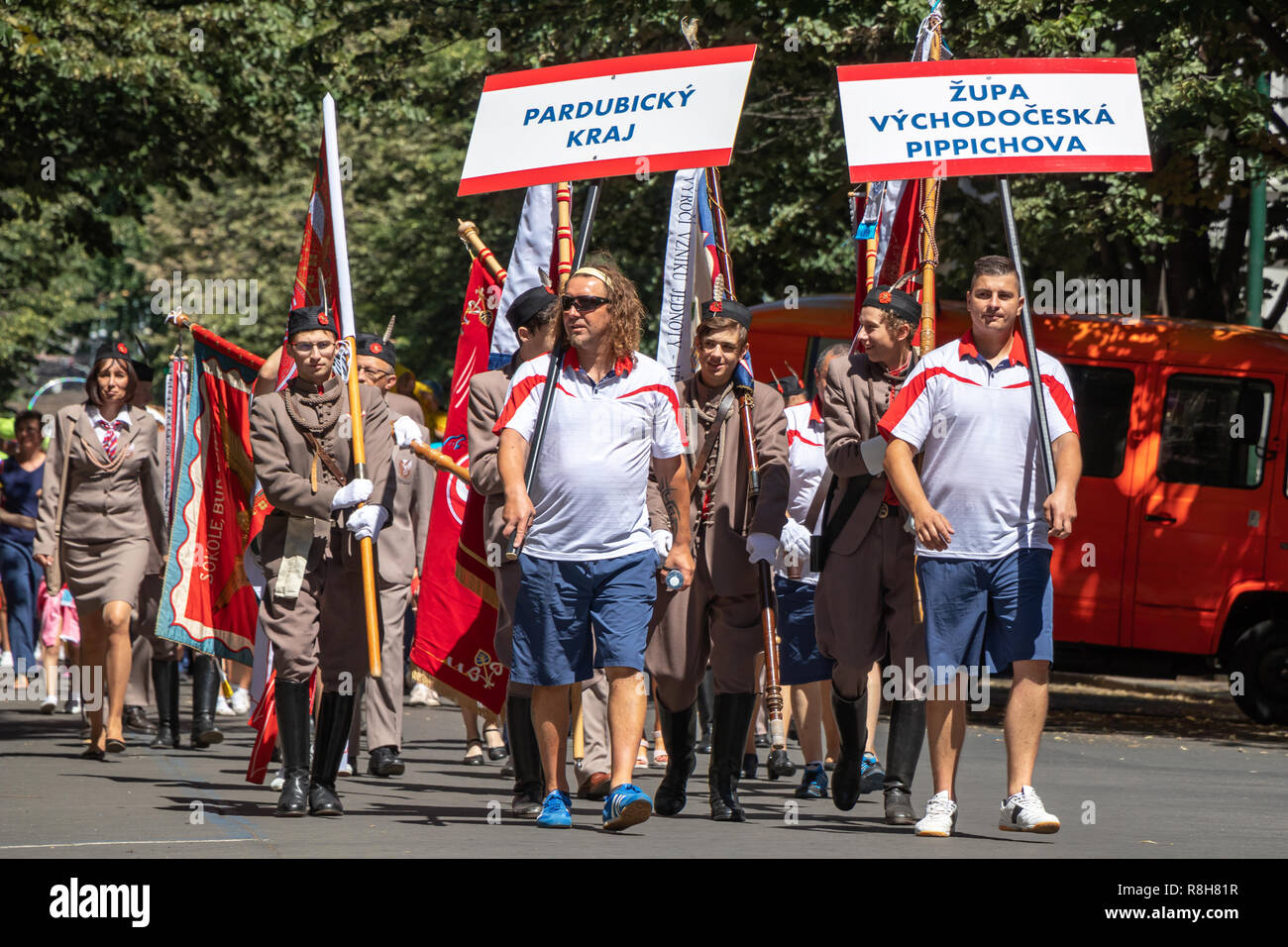 PRAGUE, CZECH REPUBLIC - JULY 1, 2018: Men parading at Sokolsky Slet, a once-every-six-years gathering of the Sokol movement - a Czech sports associat Stock Photo