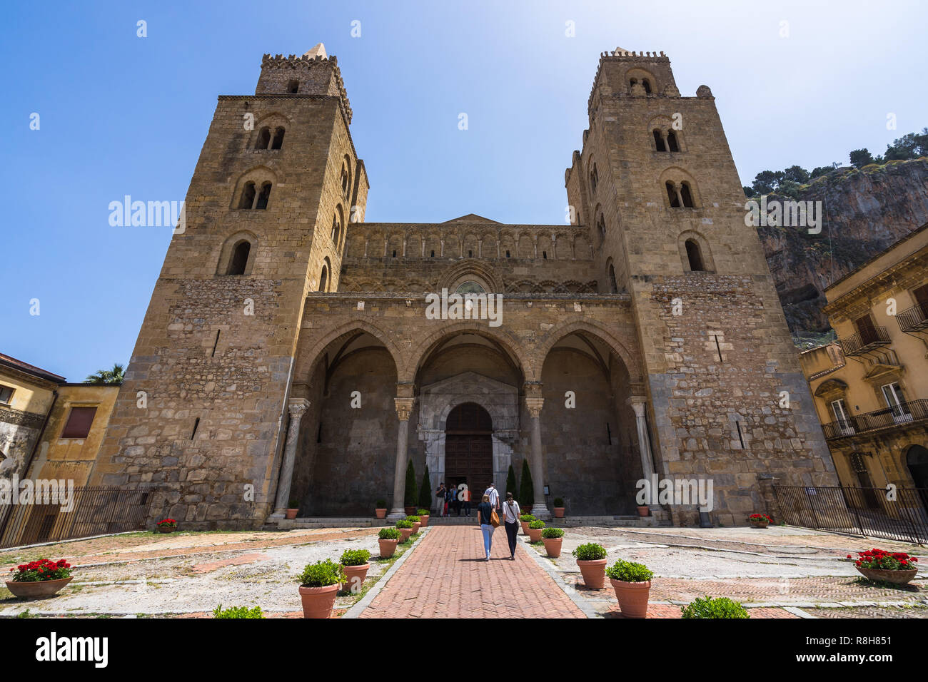 Wide angle view of the façade of the Cathedral of Cefalù, a fine example of Norman architectural style, part of UNESCO Heritage Site, Cefalù, Italy Stock Photo