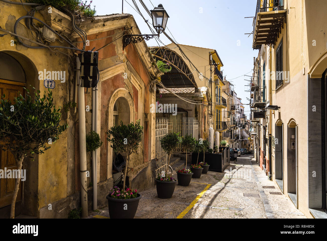 Picturesque narrow street in Cefalù, Palermo province, Sicily, Italy Stock Photo