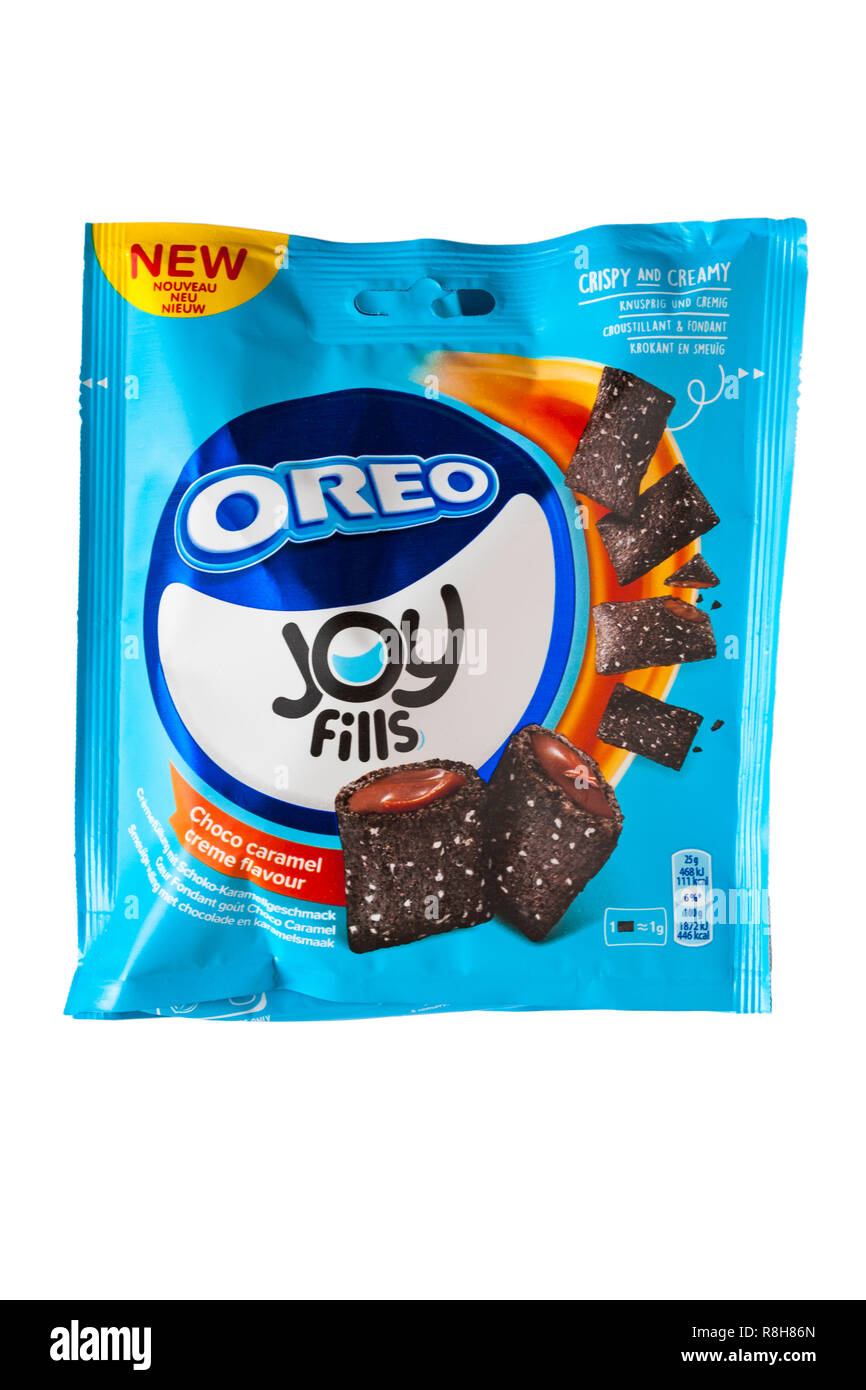 Packet of Oreo Joy Fills Choco caramel creme flavour crispy and creamy isolated on white