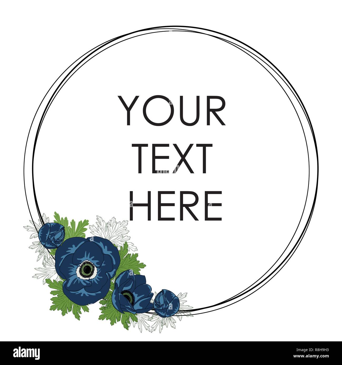 Vector circle frame with blue anemones. Floral frame. Stock Vector