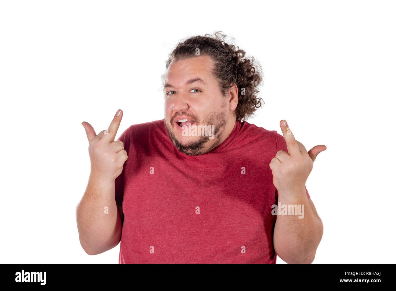 Fat happy man shows fingers Stock Photo Alamy